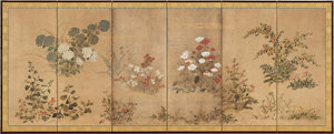 《草花図屛風》 江戸時代　17世紀　紙本著色